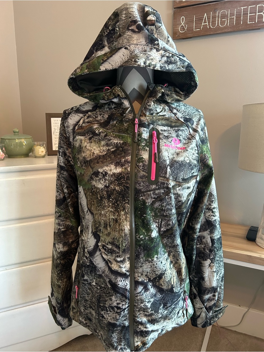 Mossy Oak Women’s ' Camo Hooded Rain Jacket with Pink Accents